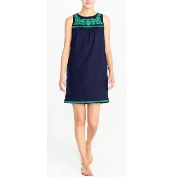 New J Crew XS Navy Blue Green Embroidered Linen Cotton Shift Dress Sleeveless - Picture 9 of 10